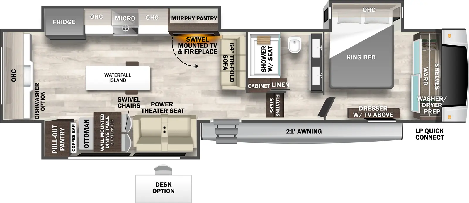 The Cedar Creek 395WOW has one entry and three slide outs. Exterior features include: fiberglass exterior and 21' awning. Interiors features include: rear kitchen, kitchen island and front bedroom.